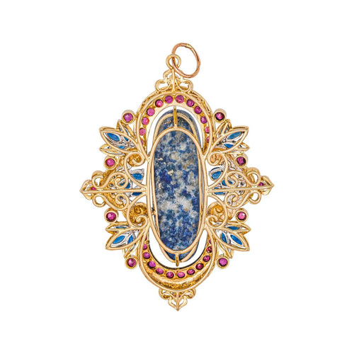 Pendentif Pendentif vintage en or jaune 14 carats lapis-lazuli, diamants, rubis et saphirs 58 Facettes 3301418RV