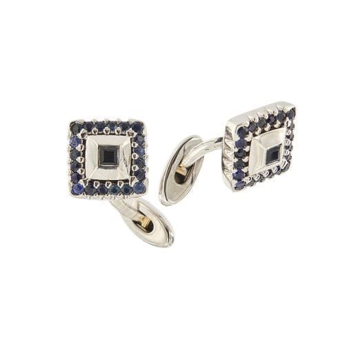 Boutons de manchette San Giorgio - Boutons de manchette carrés en or blanc 18 carats et saphirs 58 Facettes 36483