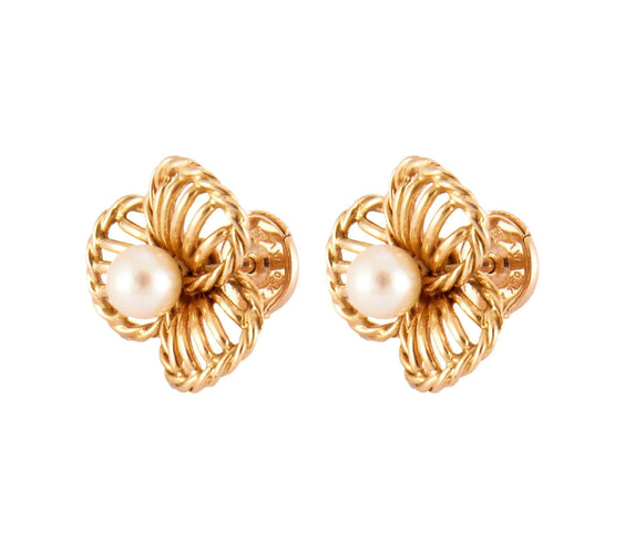 Boucles d'oreilles Boucles d’oreilles Fleur ajourées en or jaune 18k et perle fine 58 Facettes BO/220167