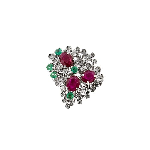 Bague Bague en or blanc 14 carats avec rubis, émeraudes et diamants 58 Facettes 37784