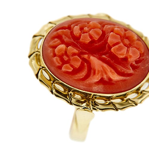 Bague Bague camée ovale floral en or jaune 18 ct avec corail 58 Facettes 39794