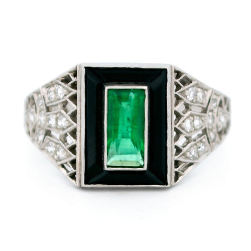 Bague 56 Bague en platine avec émeraude, onyx et diamants 58 Facettes 4E1AB52DC0A34BB8AF034567CE1842E0