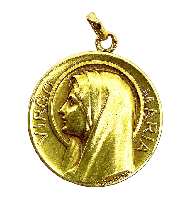 Medalla de oro amarillo que representa el Virgen María, firmado G. Rabier