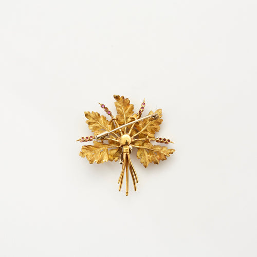 Broche Broche motif feuille de chêne en or jaune sertie de rubis 58 Facettes LF2