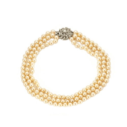 Collier Collier ras-de-cou trois rangs de perles en or gris et diamants 58 Facettes BO/230036 STA