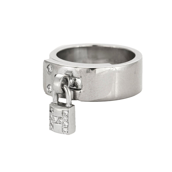 Bague 49 HERMES - KELLY - Bague or gris, cadenas habillé de petits diamants 58 Facettes DV0503-1