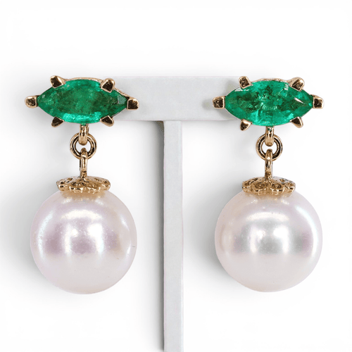 Boucles d'oreilles Boucles d'oreilles - Émeraudes et perles Akoya en or jaune 14 kt 58 Facettes E008