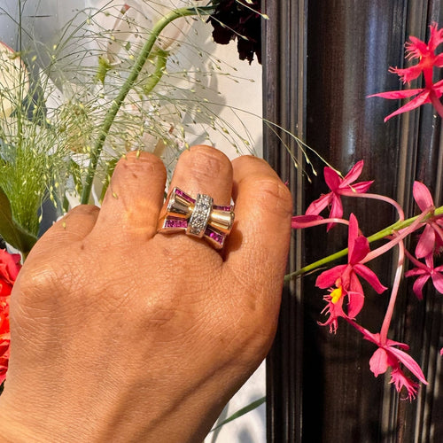 Bague 58 Bague tank rétro en or 14 carats avec diamants et rubis synthétiques 58 Facettes 8260FCE5C9254FA884D5937C3D2A0727