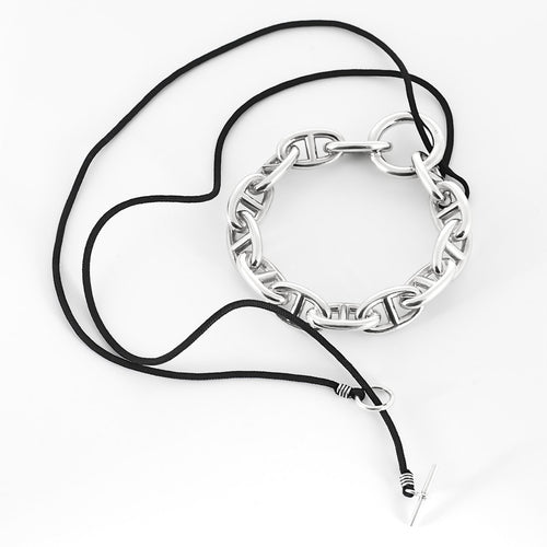 Hermès - Chaîne d'ancre - Colgante redondo en plata y cordón de algodón negro 