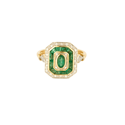 Bague 54 Bague style Art Déco or jaune, diamants et émeraudes. 58 Facettes