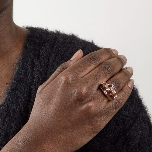 Bague 54 Bague Tank or rose et rubis de synthèse 58 Facettes DV0495-3