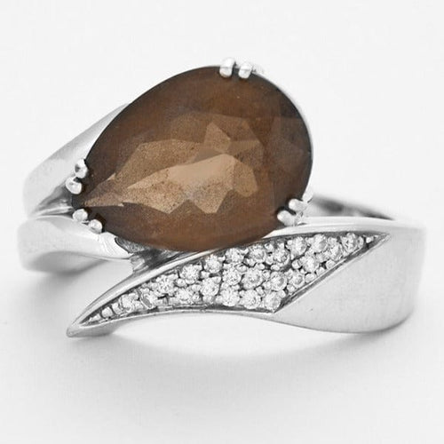 Bague 55 GAREL - Bague moderniste or gris, quartz fumé et diamants 58 Facettes DV0497-10