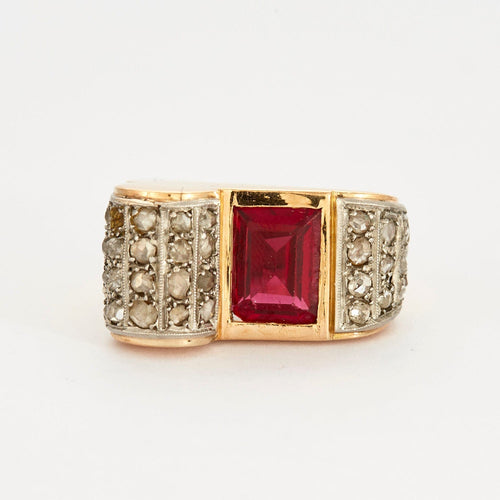 Bague 57 Bague Tank - platine, or jaune, rubis et diamants 58 Facettes DV2524-3