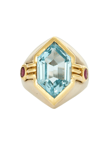 Bague 52 Bague chevalière en or gris topaze bleue et rubis 58 Facettes DV0674-1-52-23