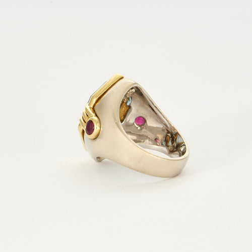 Bague 52 Bague chevalière en or gris topaze bleue et rubis 58 Facettes DV0674-1-52-23