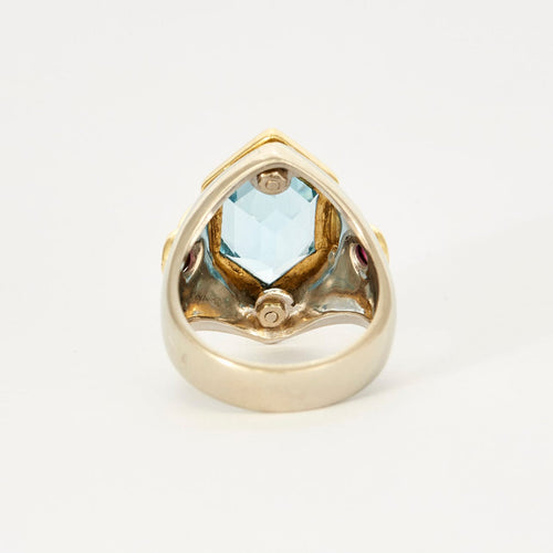 Bague 52 Bague chevalière en or gris topaze bleue et rubis 58 Facettes DV0674-1-52-23