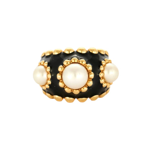 Bague 50 CHANEL - Baroque - Bague or jaune, émail noir et perles 58 Facettes DV6154-2