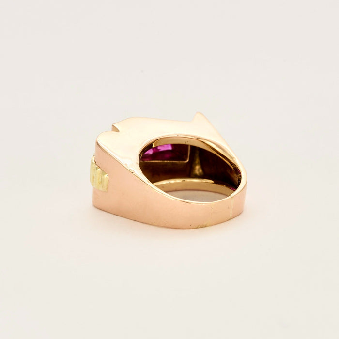 Ring Tank in three-color gold, synthetic rubies and diamonds