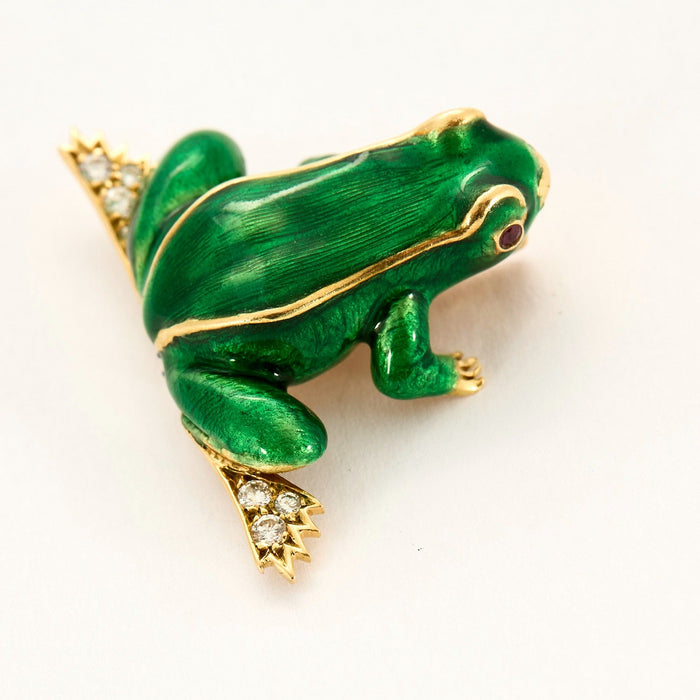 BOUCHERON - Frog brooch in yellow gold, rubies, diamonds, enamel