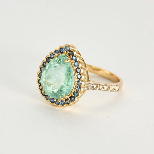 Bague or jaune, tourmaline, saphirs, diamants