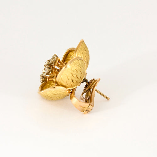 Parure florale - Broche et boucles d'oreilles or jaune, diamants