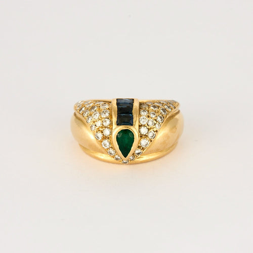Bague Jonc, or jaune, diamants, émeraude, saphirs