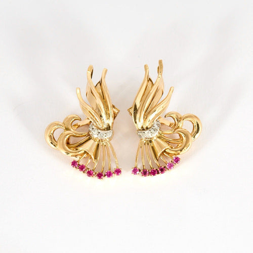 Boucles d'oreilles Clip d'oreilles "Gerbes" en or jaune, rubis synthétiques et diamants 58 Facettes DV0834-5