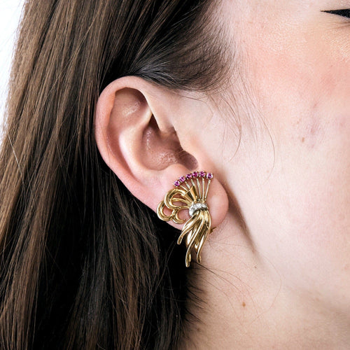 Boucles d'oreilles Clip d'oreilles "Gerbes" en or jaune, rubis synthétiques et diamants 58 Facettes DV0834-5