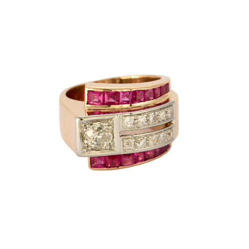 Bague 53 Bague tank, or jaune, rubis de synthèse et diamants 58 Facettes DV0888-1