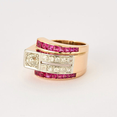 Bague 53 Bague tank, or jaune, rubis de synthèse et diamants 58 Facettes DV0888-1