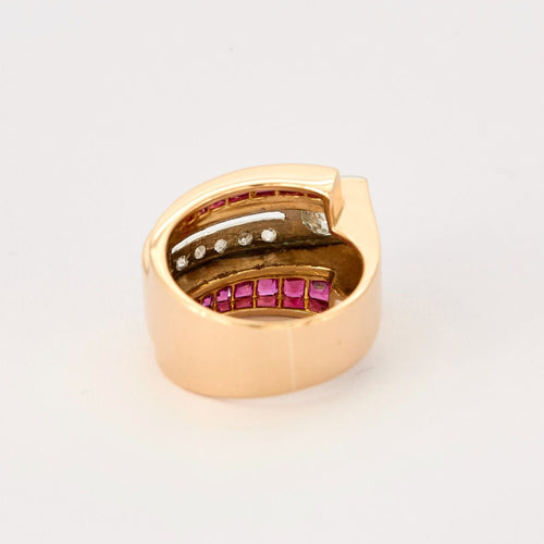 Bague 53 Bague tank, or jaune, rubis de synthèse et diamants 58 Facettes DV0888-1