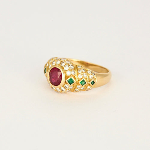 Bague 57 Bague godronnée en or jaune, diamants, émeraude et rubis synthétique 58 Facettes DV0915-1-57