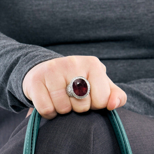 Bague 52 Bague en or gris,  tourmaline rose et pavage petits diamants. 58 Facettes DV3580-1-52-1