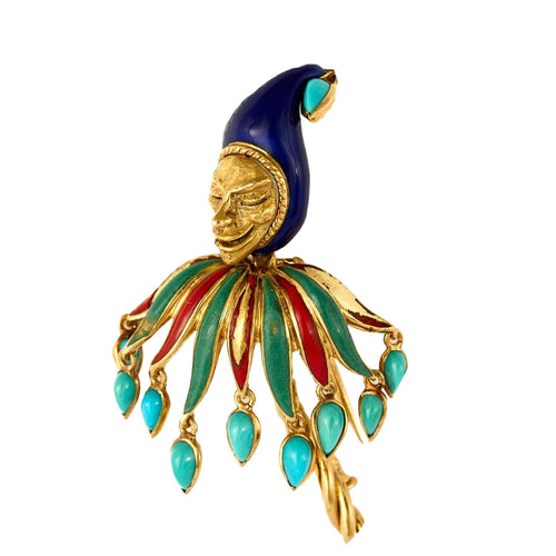 Broche CARTIER - Le fou du roi - Rare Broche en or jaune turquoise et émail polychrome 58 Facettes DV0977-1
