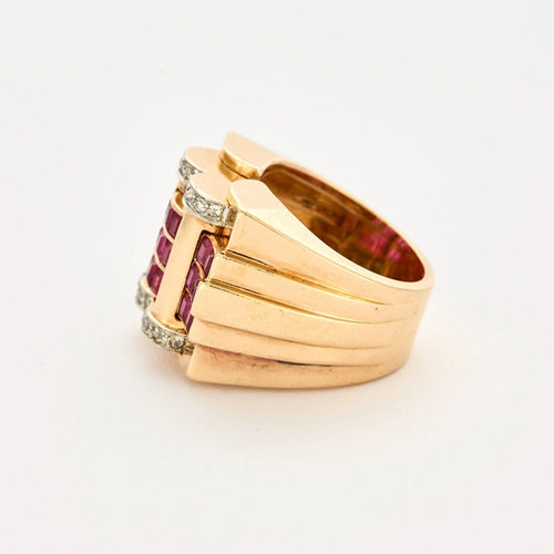 Bague 51 Bague Tank en or jaune, diamants et rubis de synthèse. 58 Facettes DV12390-2-51-2