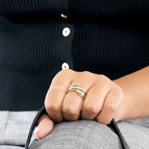 DINH VAN - Duo Spirale - Bague or jaune, or gris et diamants noirs