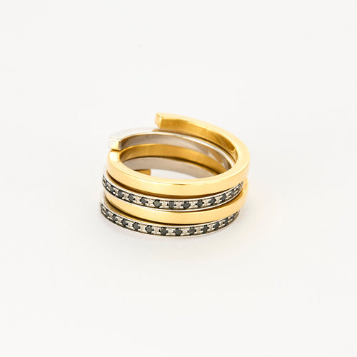 DINH VAN - Duo Spirale - Bague or jaune, or gris et diamants noirs