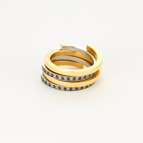 DINH VAN - Duo Spirale - Bague or jaune, or gris et diamants noirs