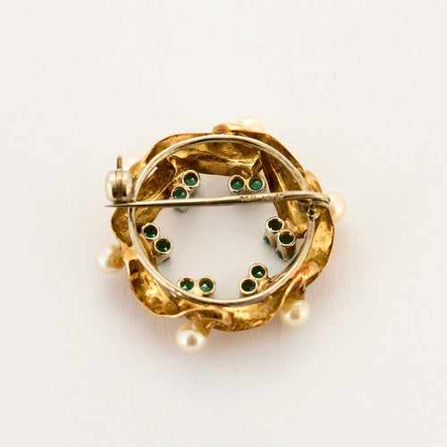 Broche Broche couronne feuillagée or jaune, perles et émeraudes 58 Facettes DV14293-2
