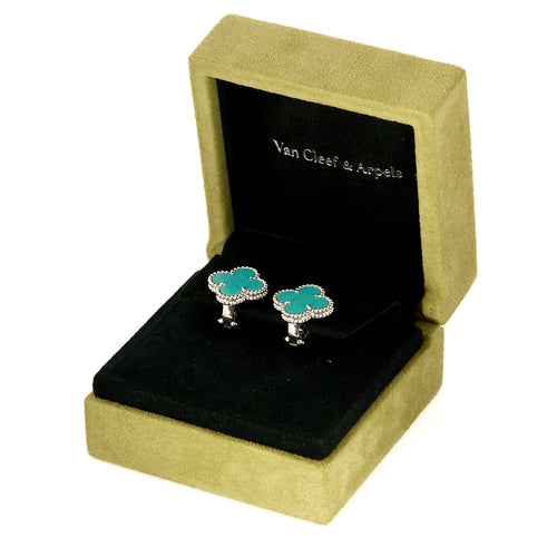 Boucles d'oreilles VAN CLEEF & ARPELS - Boucles d'oreilles Vintage Alhambra or blanc et turquoise 58 Facettes DV0830-23