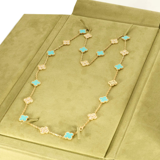 Collier VAN CLEEF & ARPELS - Rare sautoir Vintage Alhambra en or jaune, turquoise et diamants 58 Facettes DV0830-24