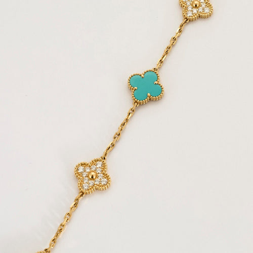 Collier VAN CLEEF & ARPELS - Rare sautoir Vintage Alhambra en or jaune, turquoise et diamants 58 Facettes DV0830-24