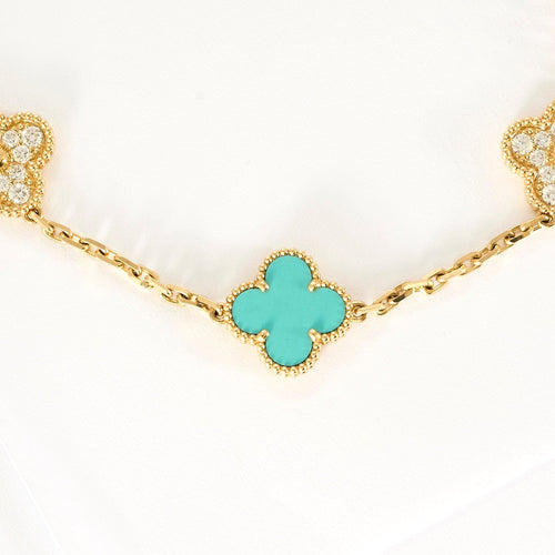 Collier VAN CLEEF & ARPELS - Rare sautoir Vintage Alhambra en or jaune, turquoise et diamants 58 Facettes DV0830-24