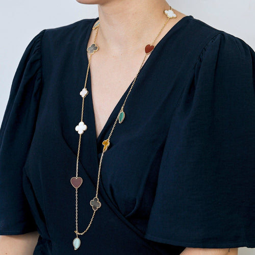 Collier VAN CLEEF & ARPELS - Lucky Alhambra – Sautoir douze motifs en or jaune et pierres de couleurs. 58 Facettes DV17159-3