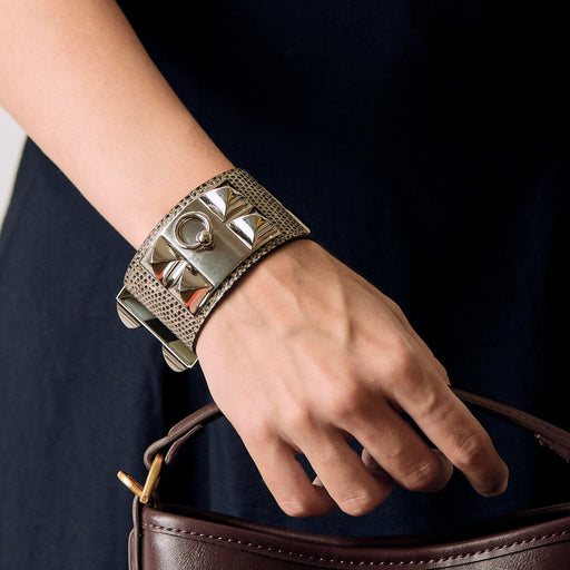 Bracelet HERMES - Medor - Bracelet manchette en cuir et métal argenté 58 Facettes DV17381-3