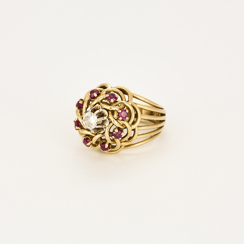 Bague 51,5 Bague en or jaune, diamant et rubis de synthèse 58 Facettes DV18467-2-515-5