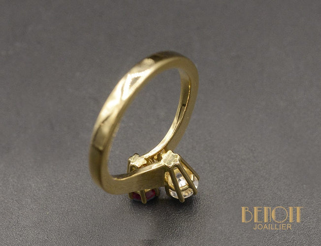 Bague 52 Toi et Moi Contemporain or jaune diamant rubis 58 Facettes A10735