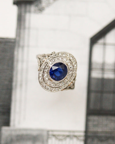 Ring 47.5 Pompadour ring in Platina, saffier en roosgeslepen diamanten 58 Facettes A11969