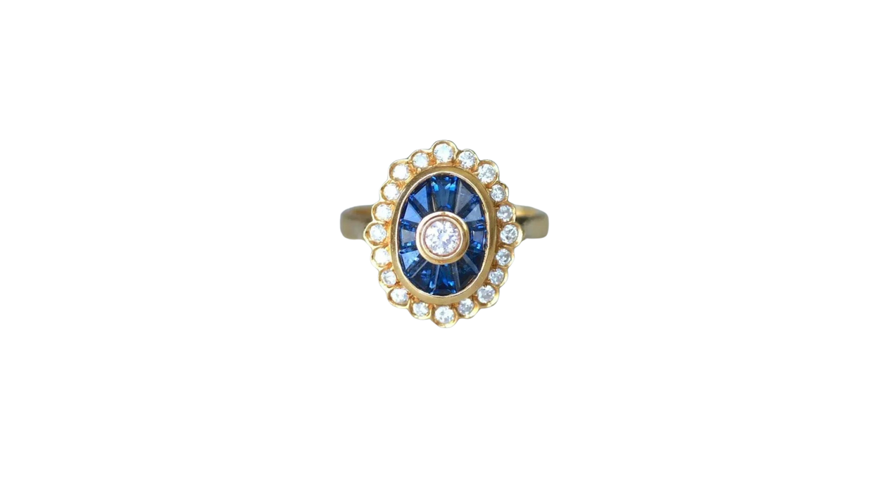 Ovaler Ring Art Deco Diamanten, Saphire aus Gelbgold