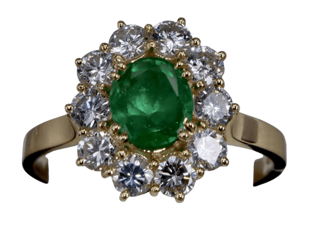 Bague 51.5 Bague fleur ovale en or jaune avec émeraude et diamants 58 Facettes BA 123